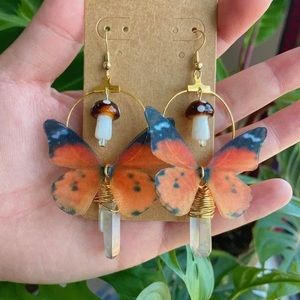 Mushroom Earrings, Quartz Crystal Earrings,Boho Mushroom Butterfly Earrings